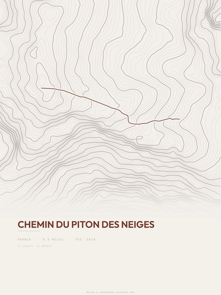Chemin du Piton des Neiges topographic trail print