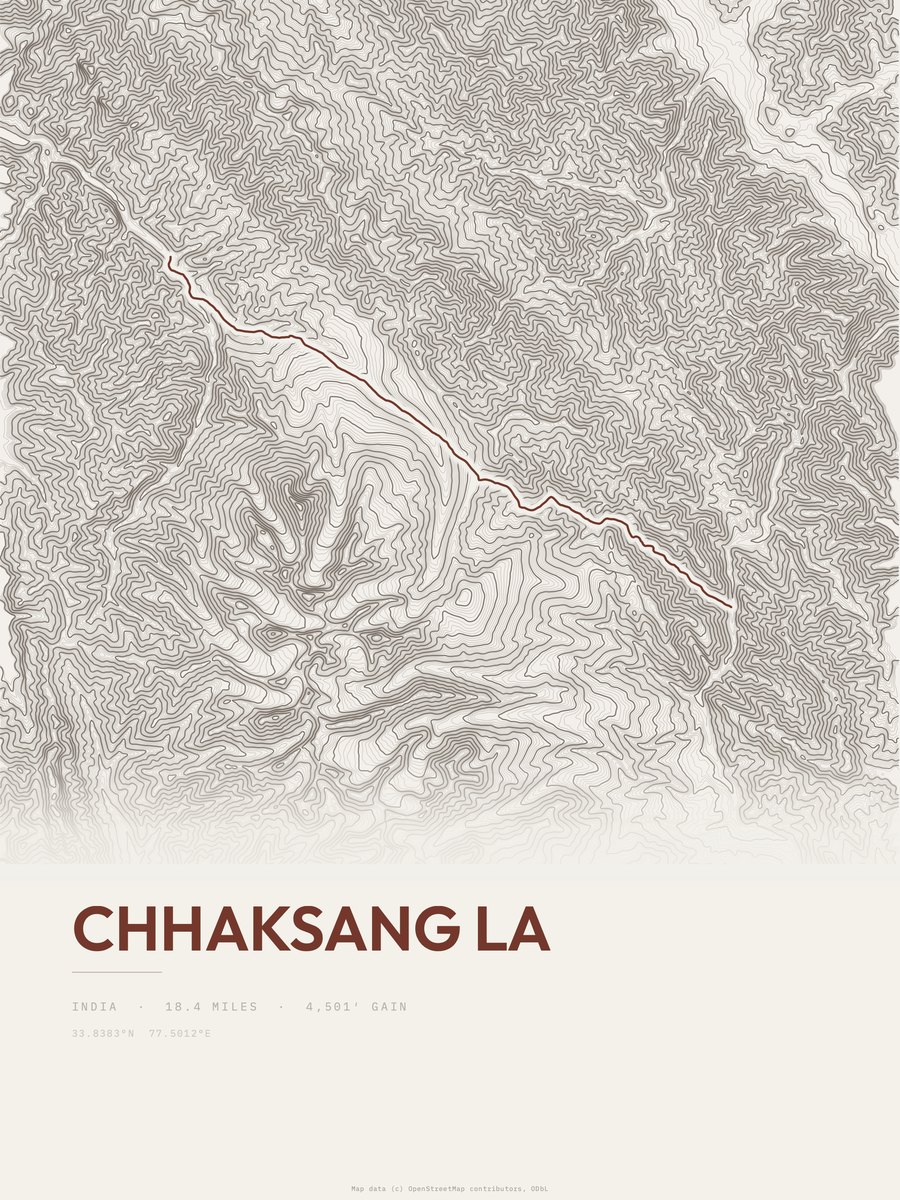 Chhaksang La topographic trail print