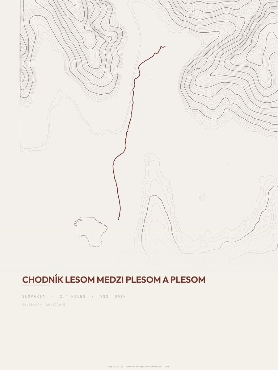 Chodník lesom medzi plesom a Plesom topographic trail print