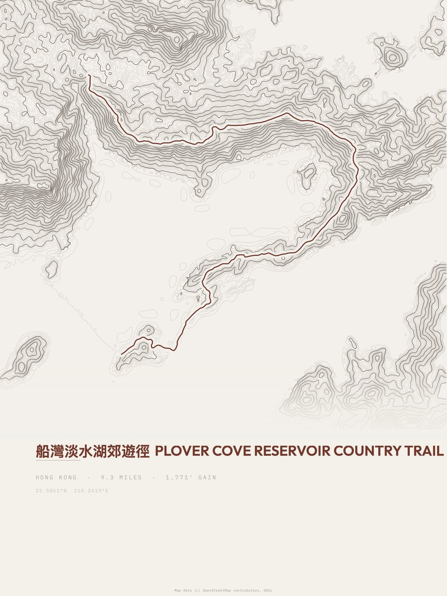 Plover Cove Reservoir topographic trail print
