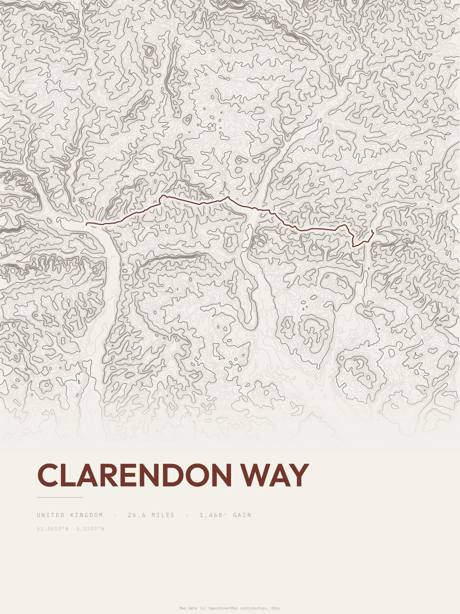 Clarendon Way topographic trail print