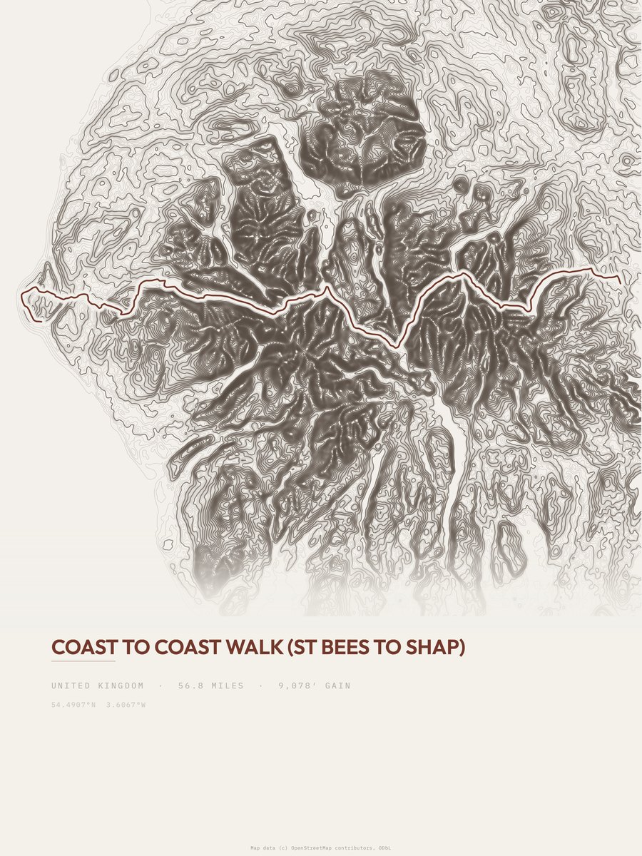 Coast to Coast Walk topographic trail print