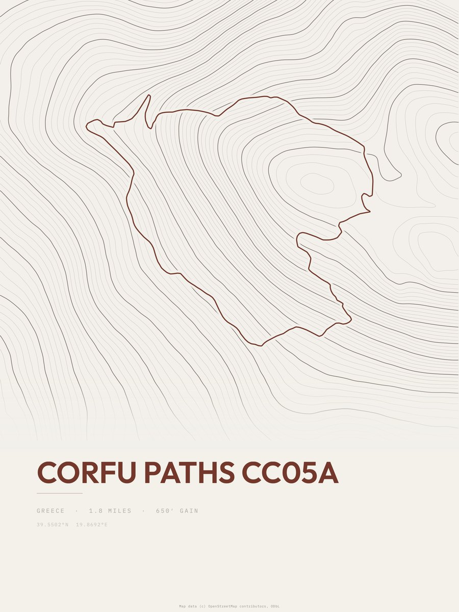 Corfu Paths CC05A topographic trail print