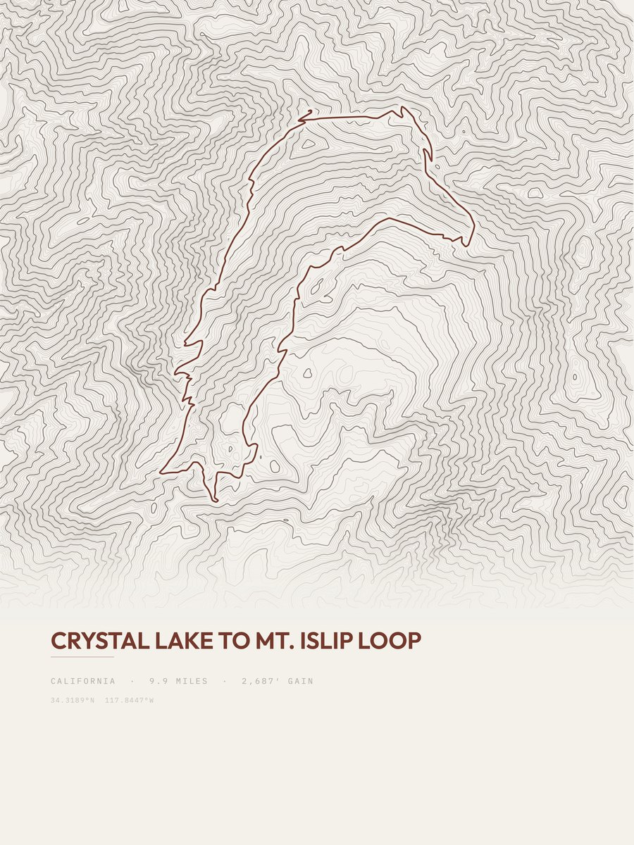 Crystal Lake to Mount Islip Loop Topographic print
