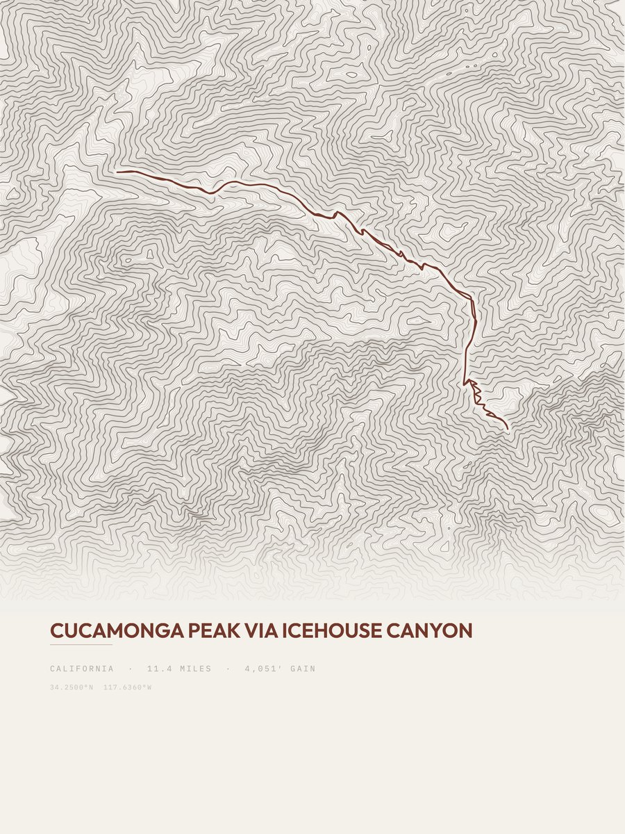 Cucamonga Peak topographic trail print