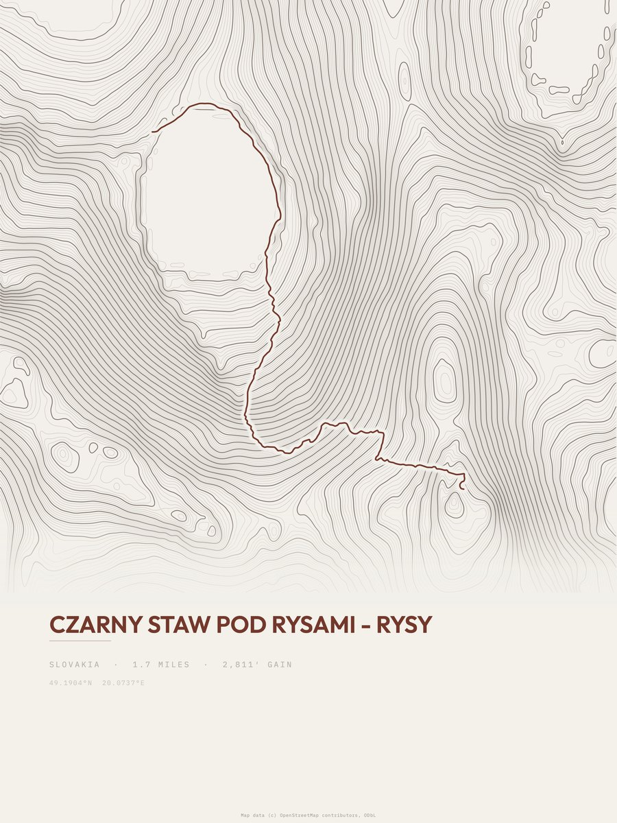 Czarny Staw Pod Rysami - Rysy topographic trail print