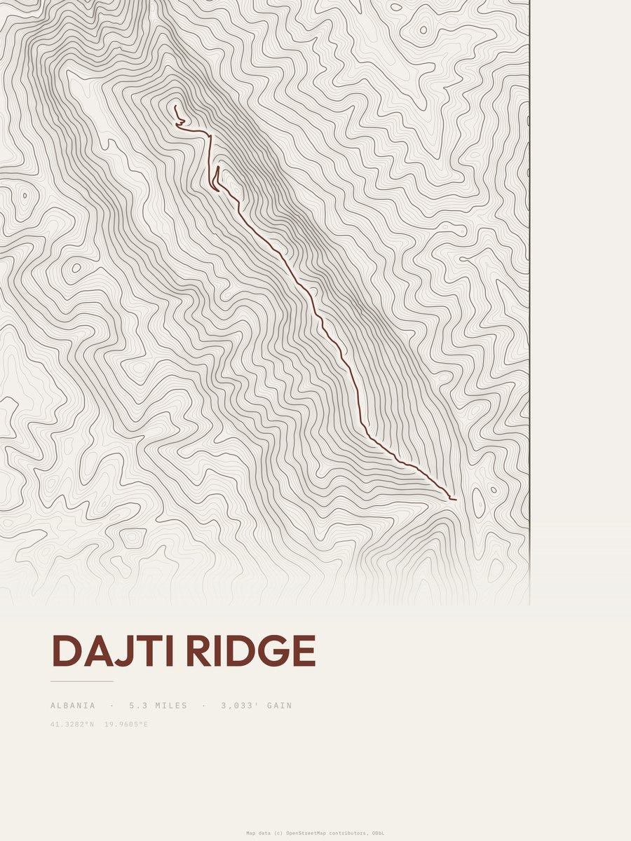 Dajti Ridge topographic trail print