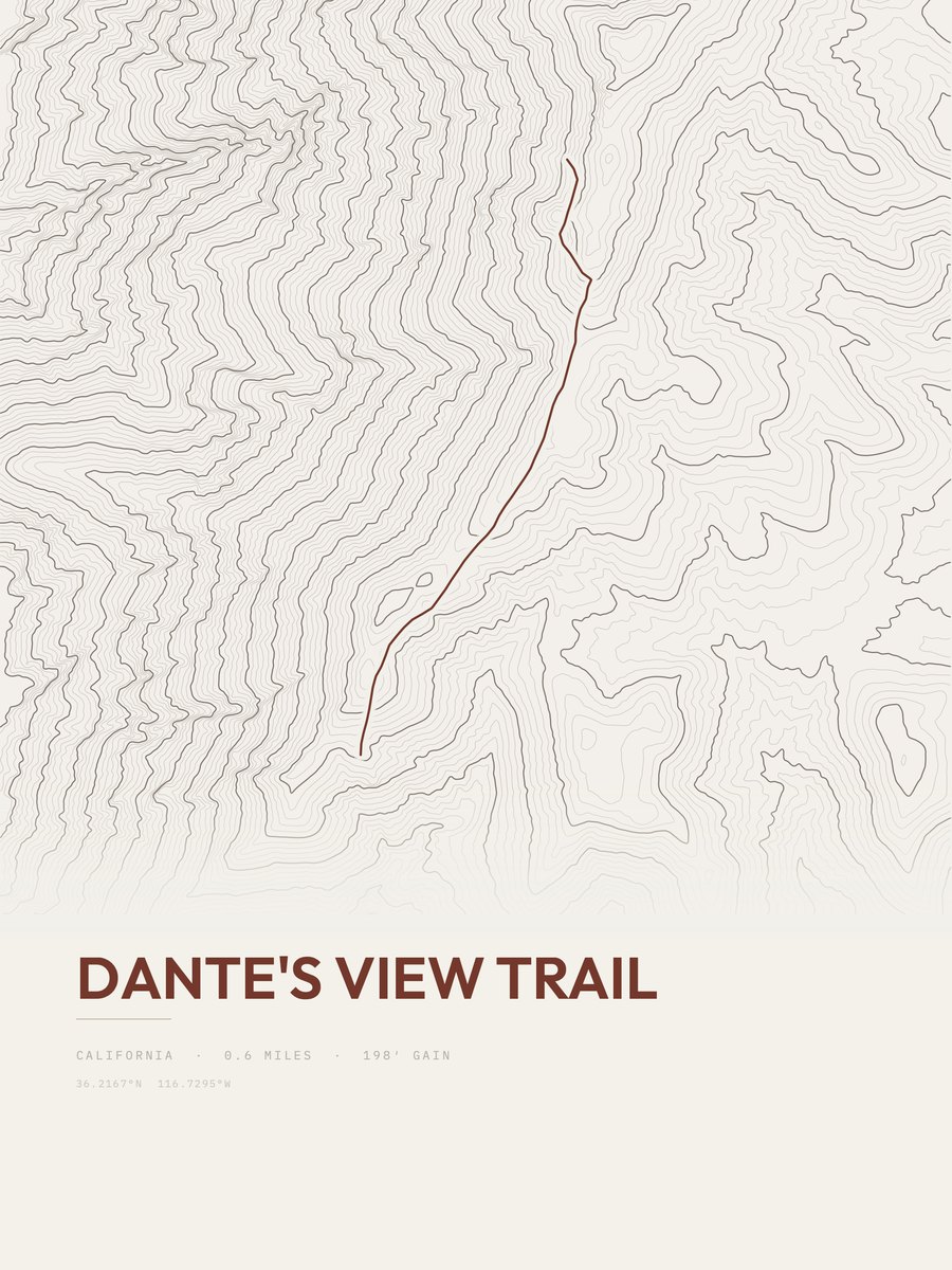 Dante's View Trail topographic trail print