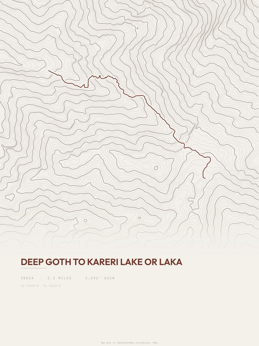Deep Goth To Kareri Lake or Laka topographic trail print