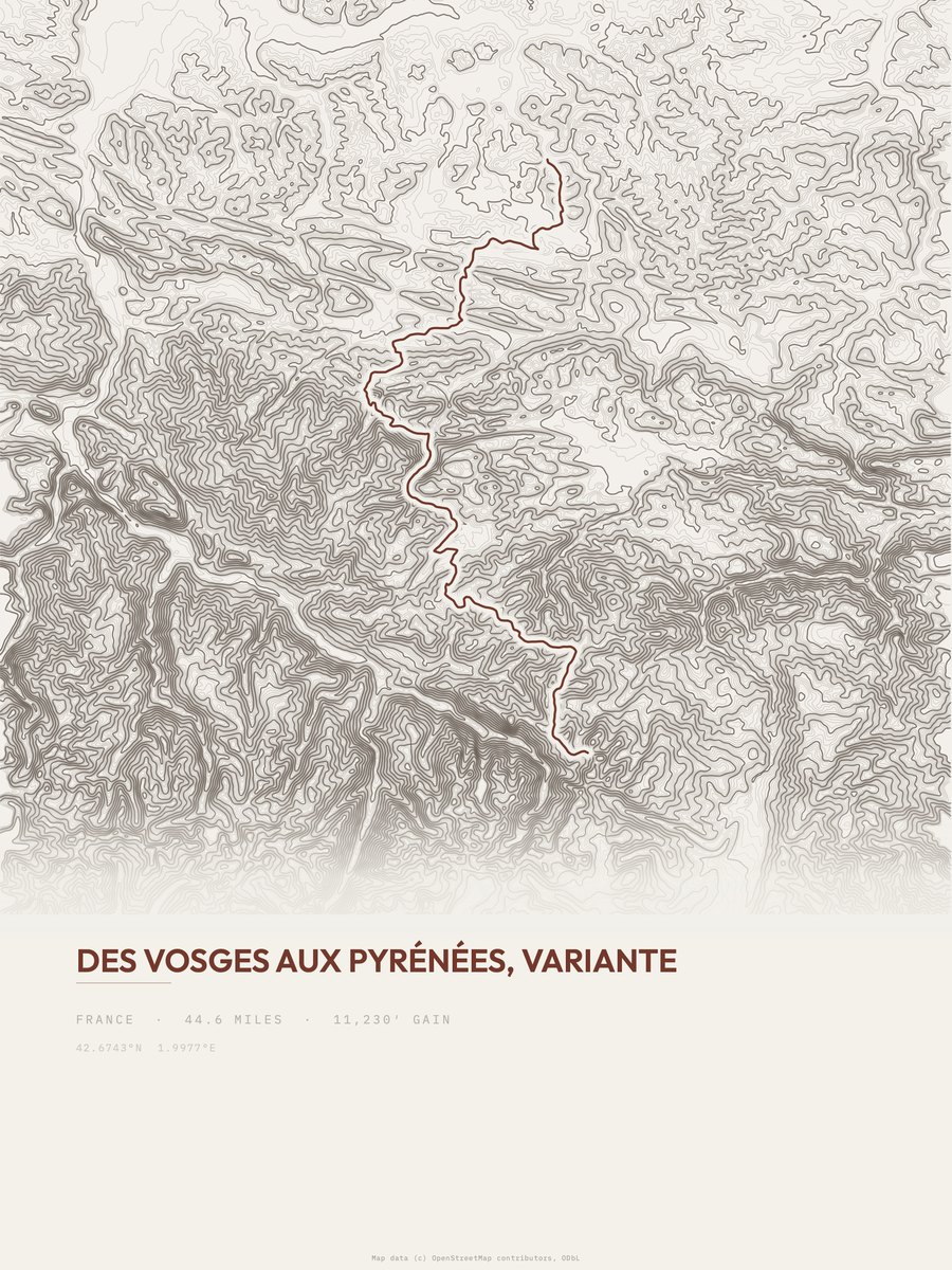 Des Vosges aux Pyrénées topographic trail print