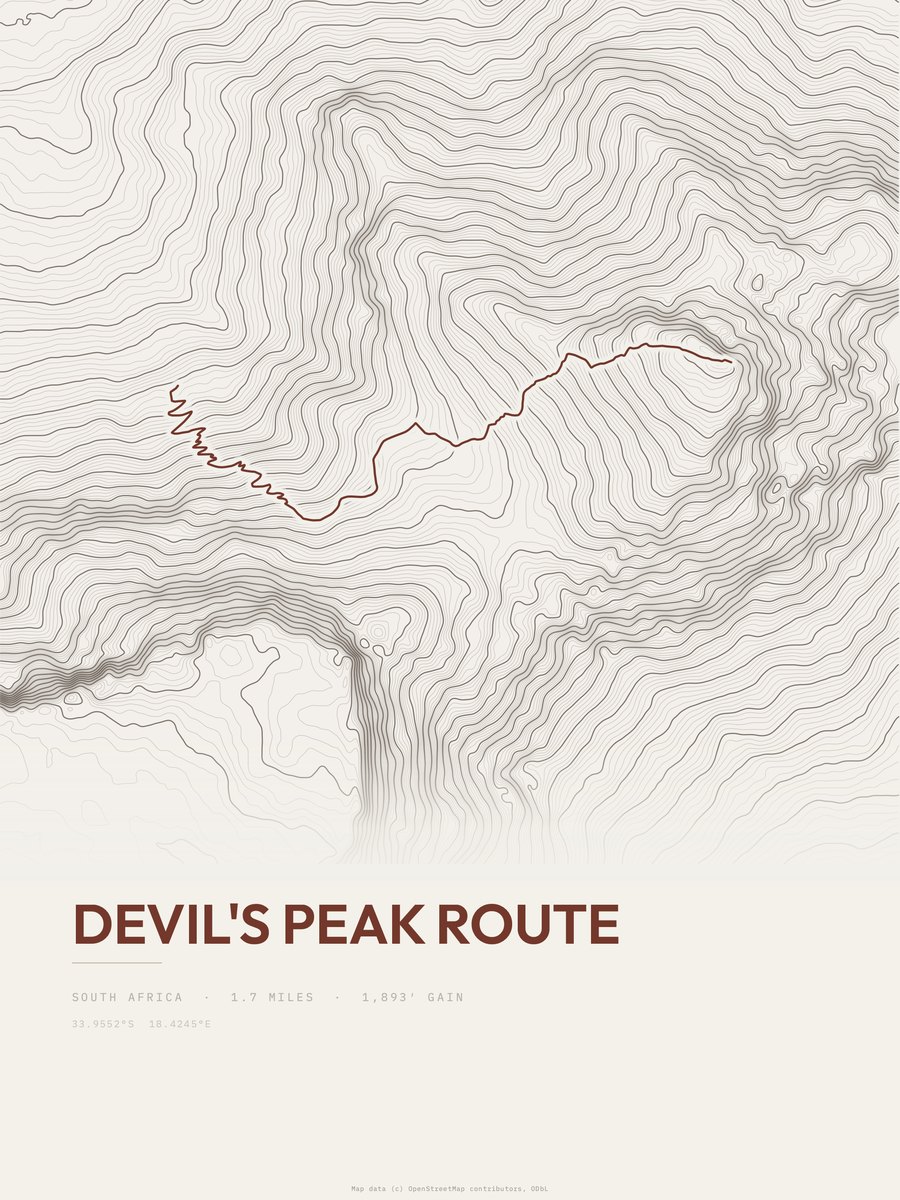 Devil's Peak Route topographic trail print