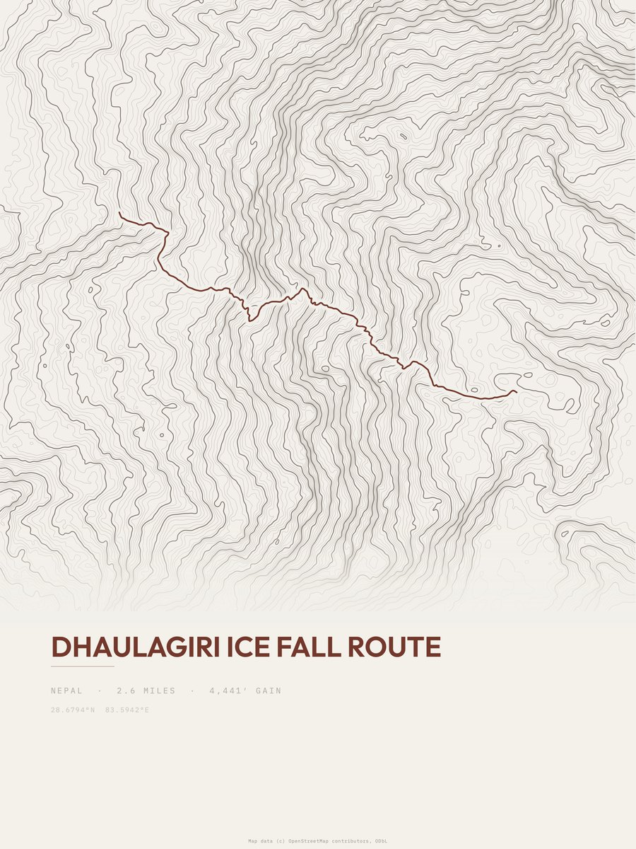 Dhaulagiri Ice Fall route topographic trail print
