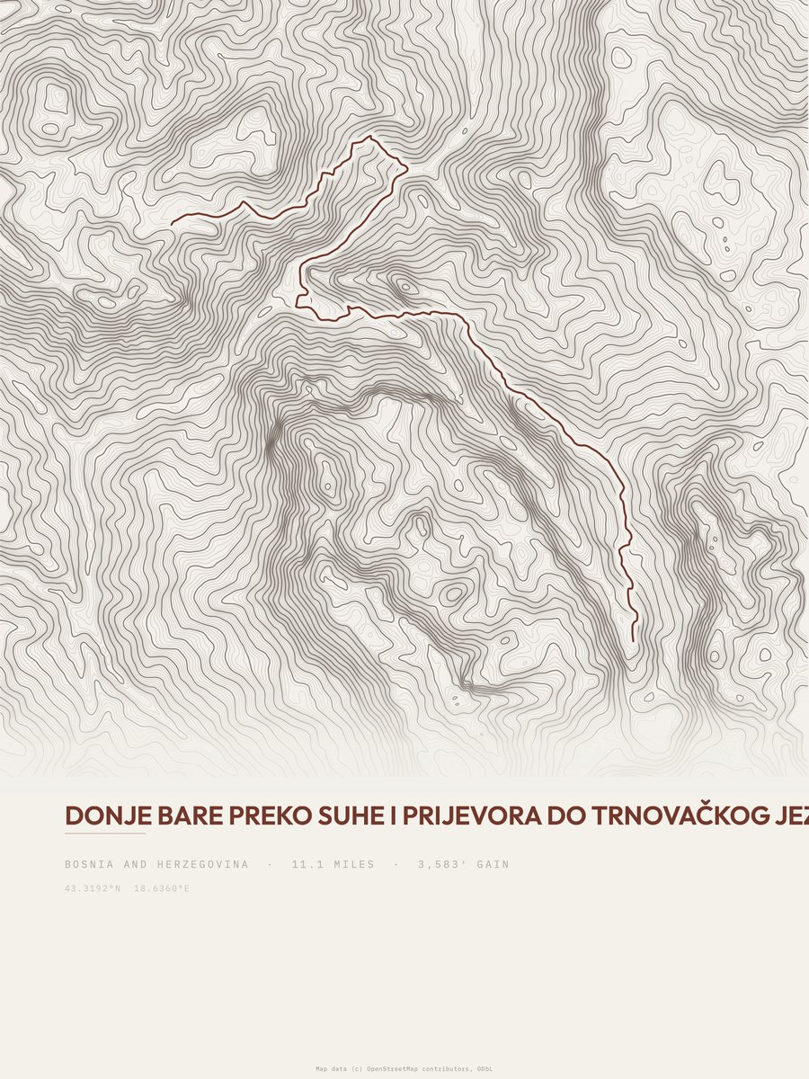 Donje Bare do Trnovačkog jezera topographic trail print