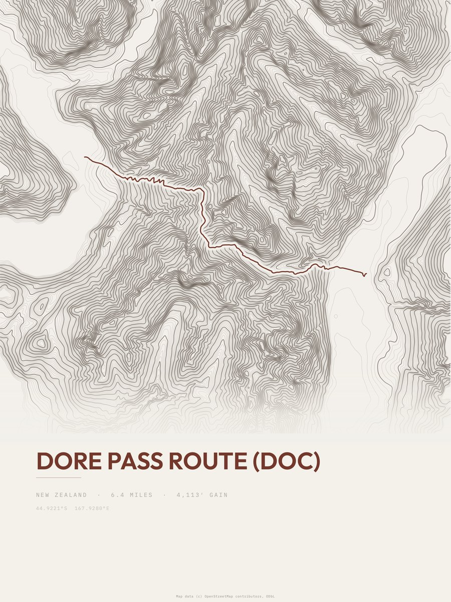 Dore Pass Route (DoC) topographic trail print
