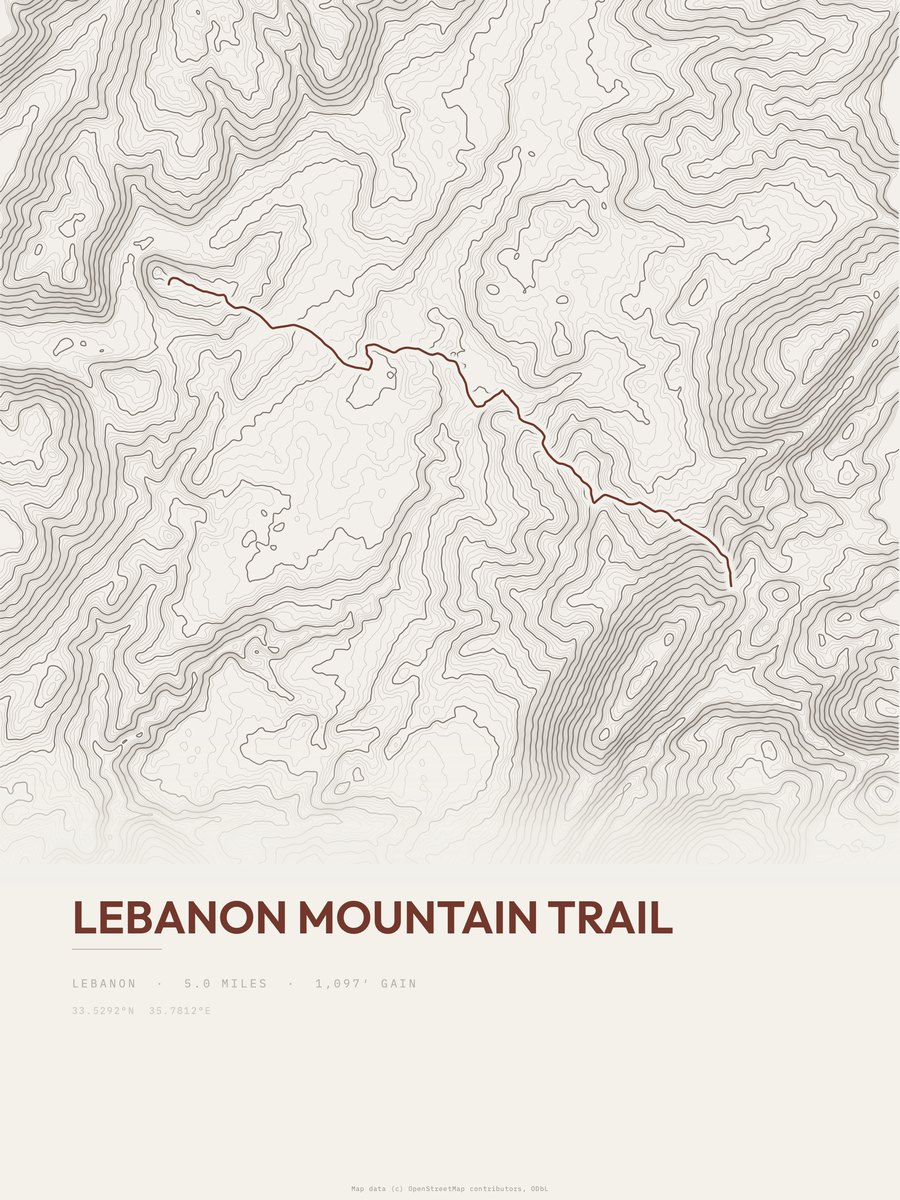 Lebanon Mountain Trail topographic trail print