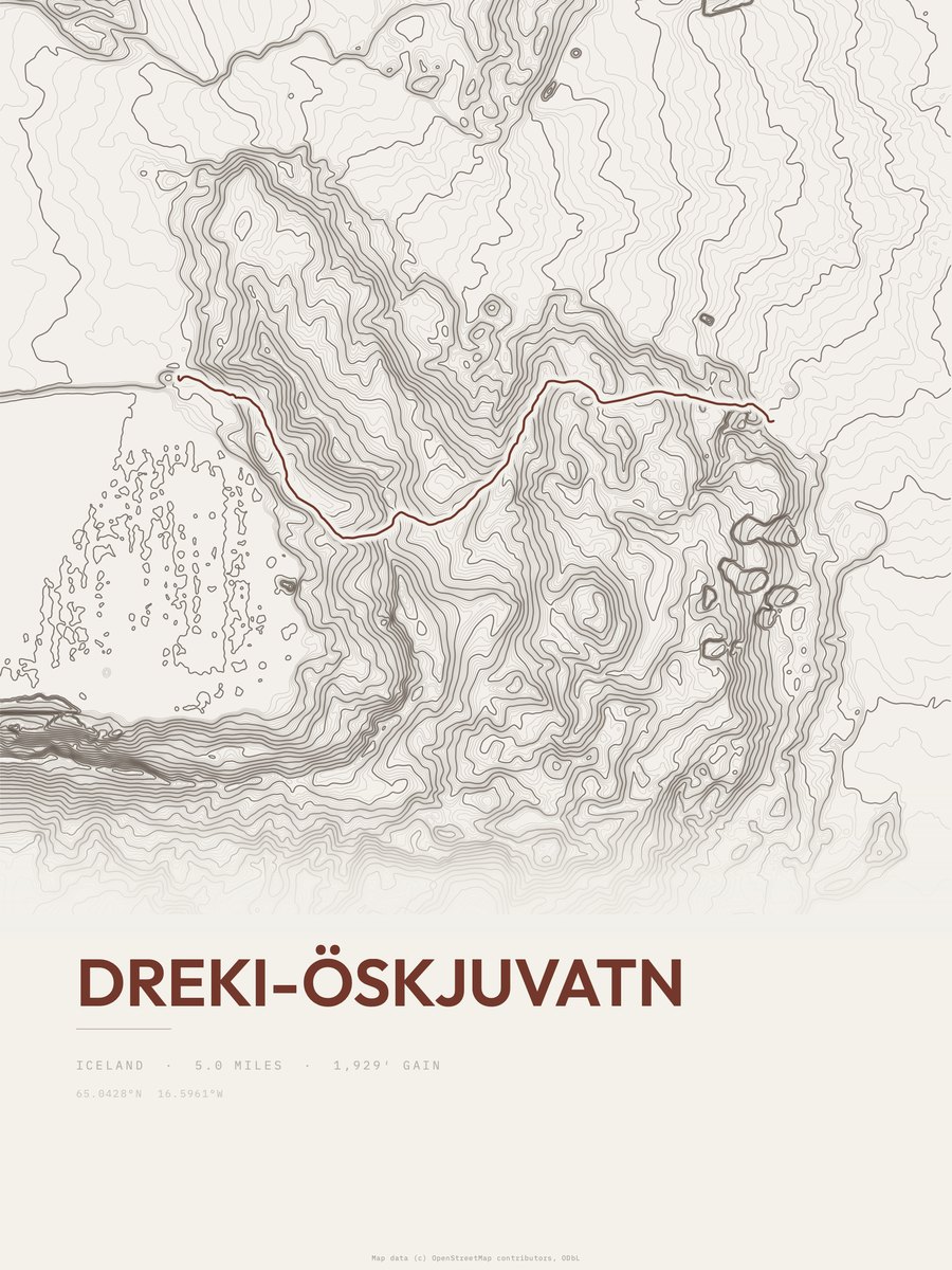 Dreki-Öskjuvatn topographic trail print