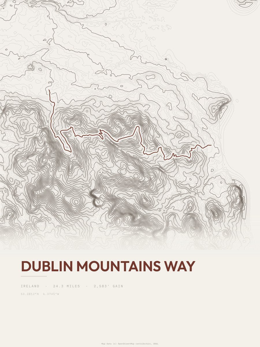 Dublin Mountains Way topographic trail print