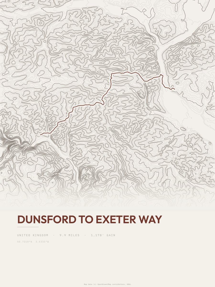 Dunsford to Exeter Way topographic trail print