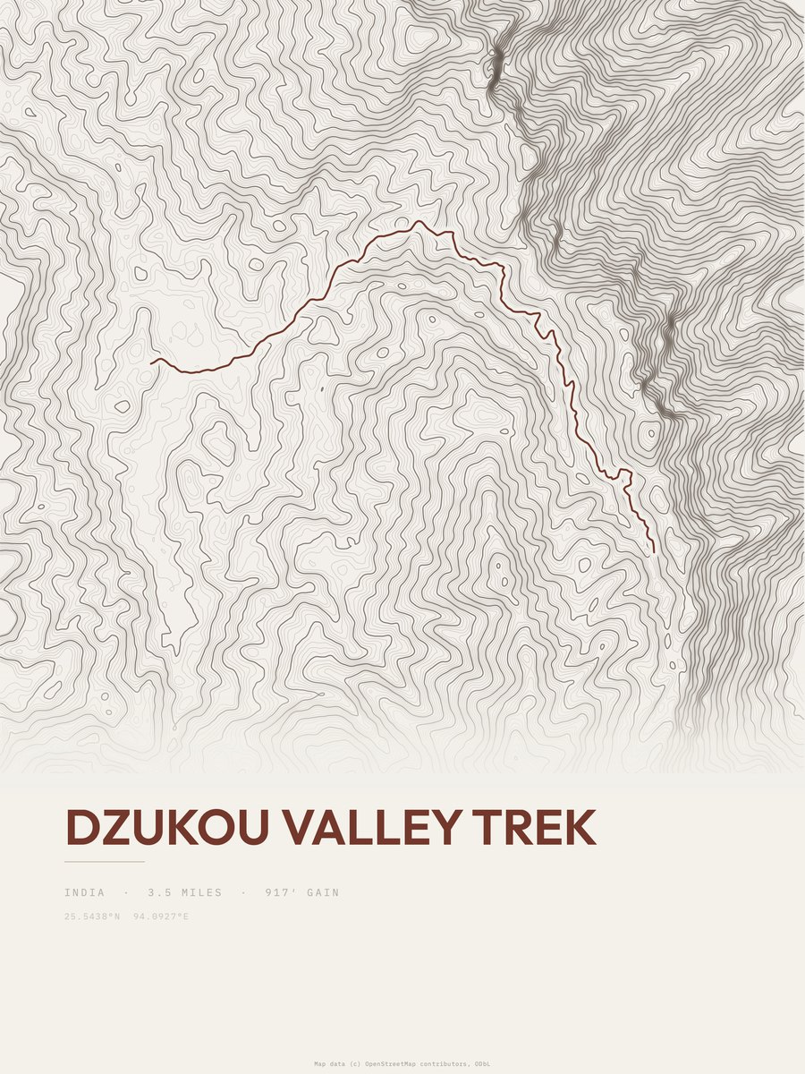Dzukou Valley Trek topographic trail print