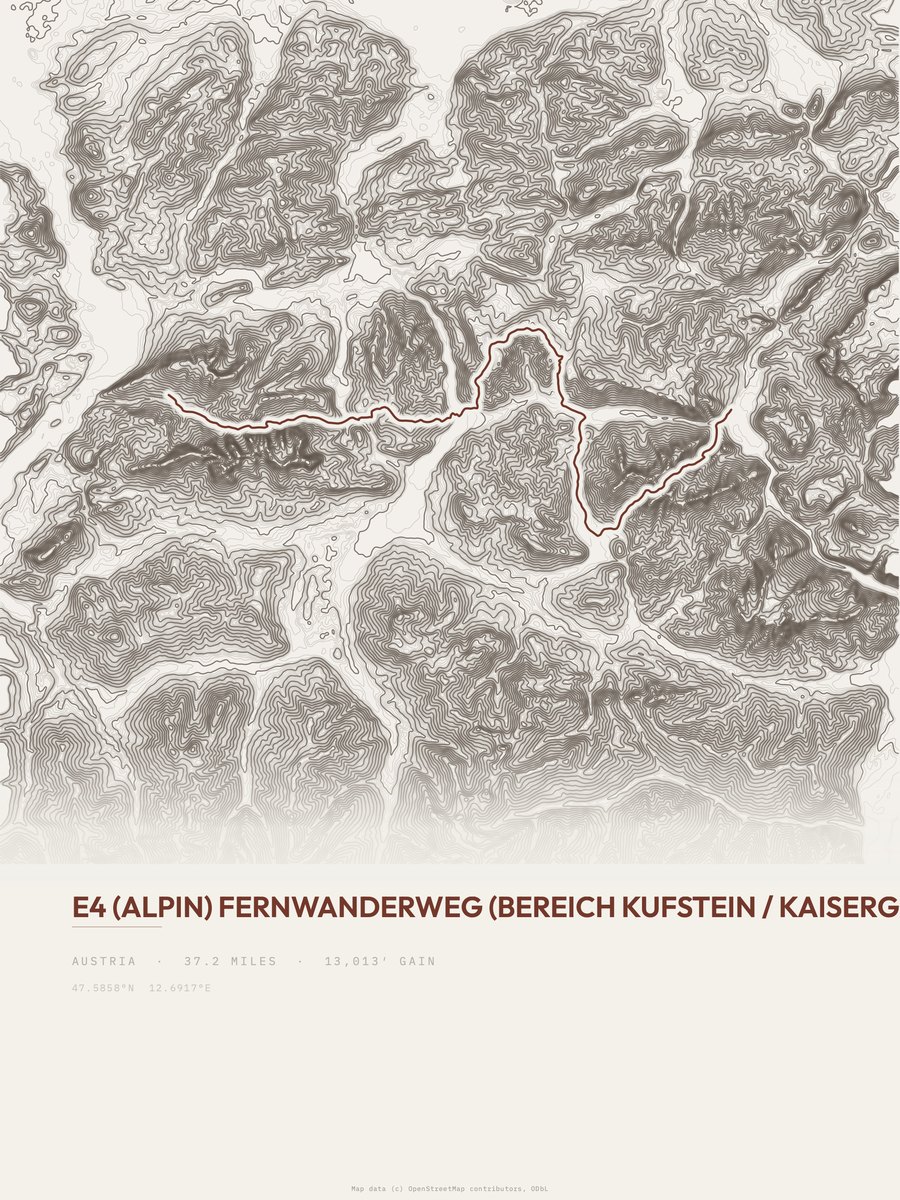 E4 alpin topographic trail print
