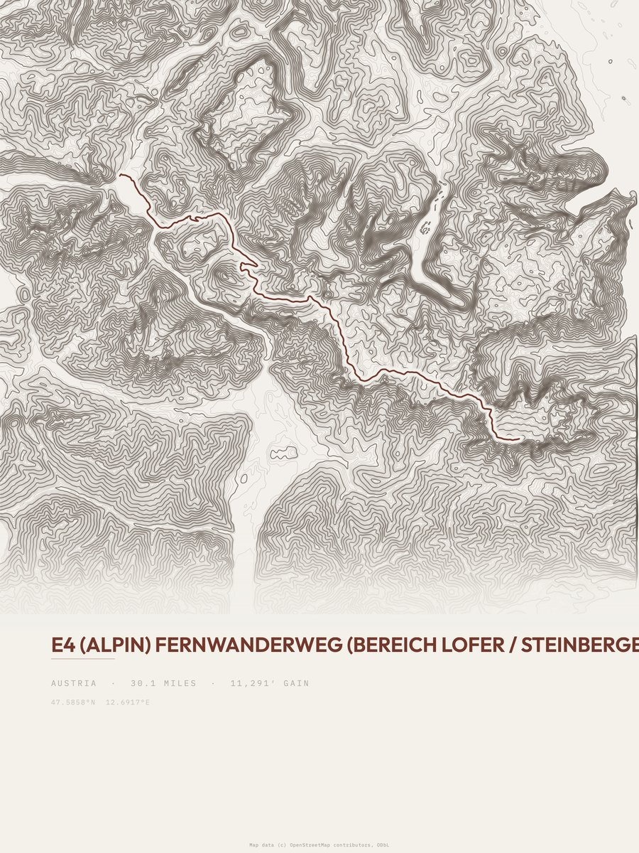 E4 alpin topographic trail print