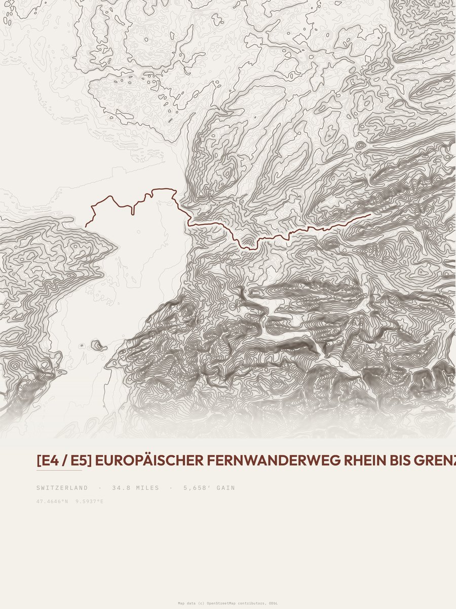 Europäischer Fernwanderweg E4/E5 topographic trail print