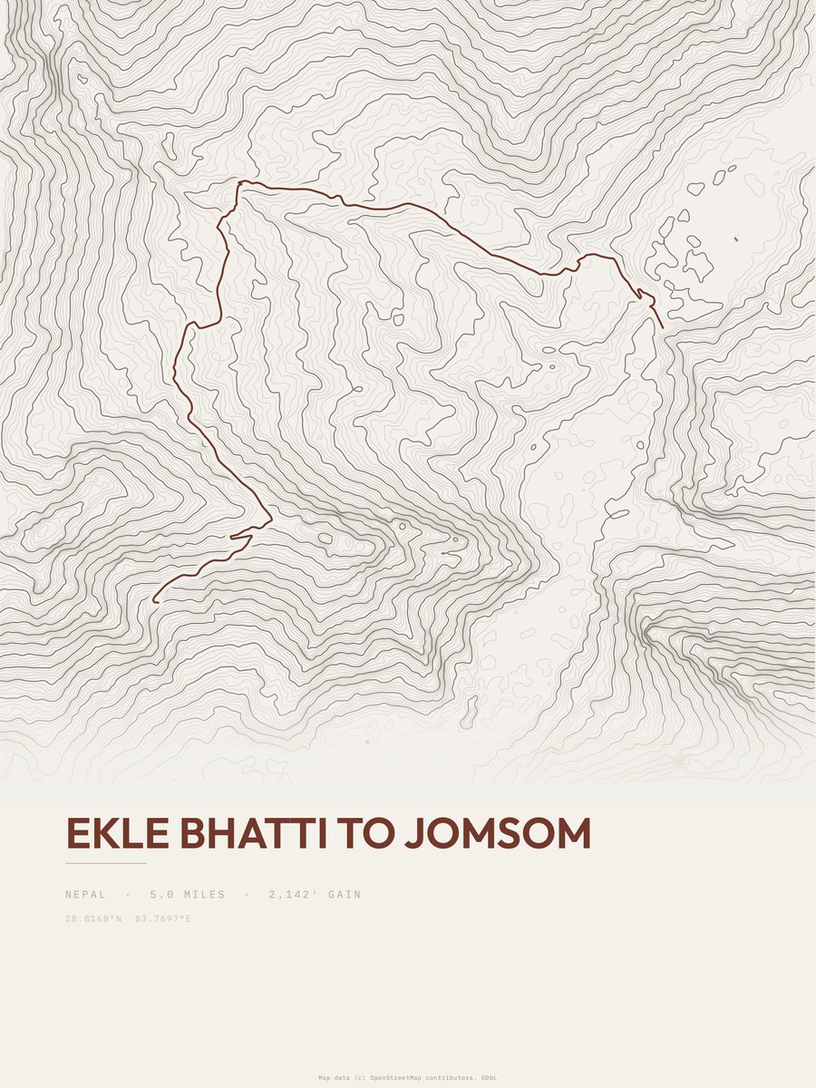 Ekle Bhatti to Jomsom topographic trail print
