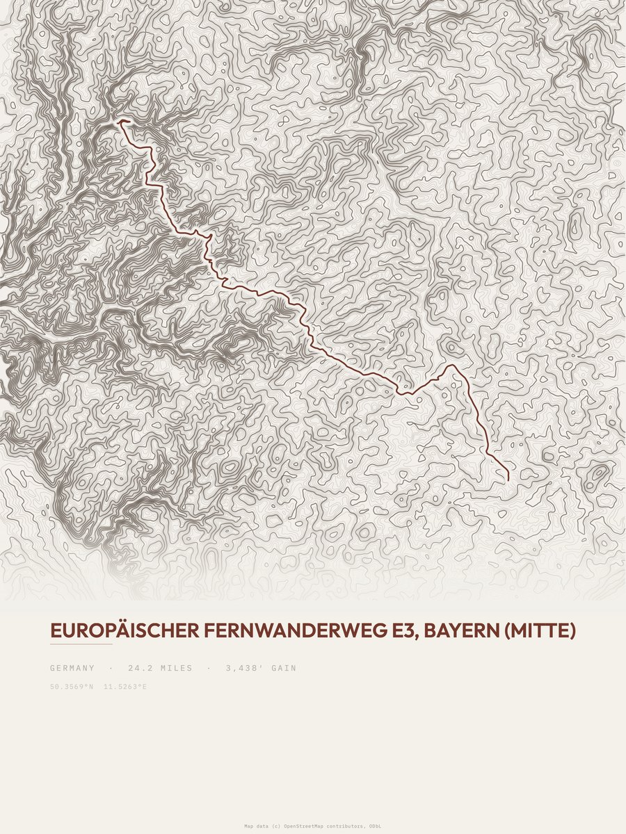 Europäischer Fernwanderweg E3 topographic trail print