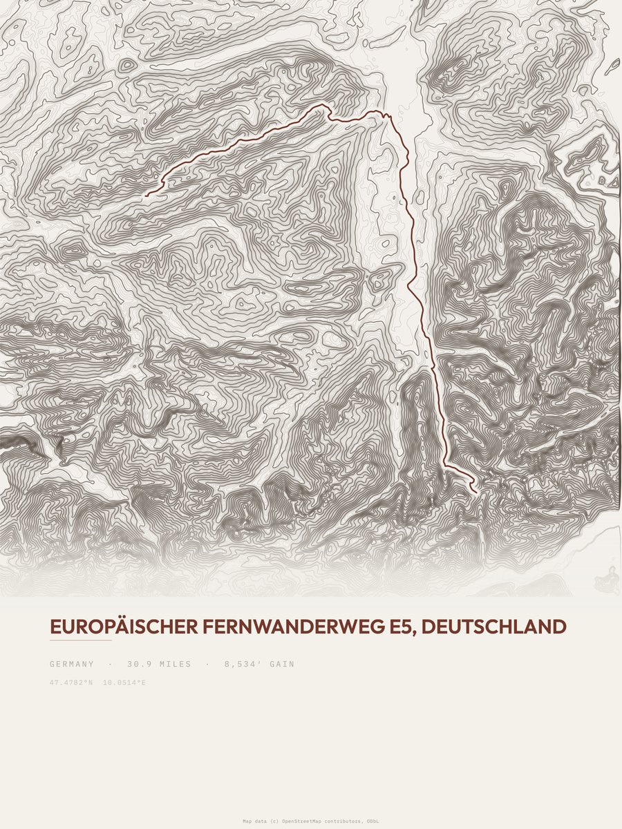 Europäischer Fernwanderweg E5 Topographic print