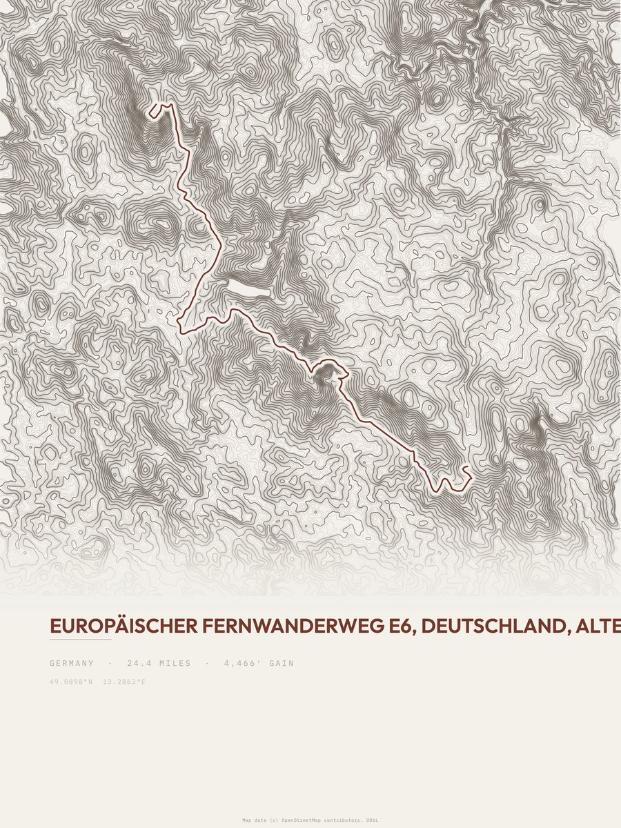 Europäischer Fernwanderweg E6 topographic trail print
