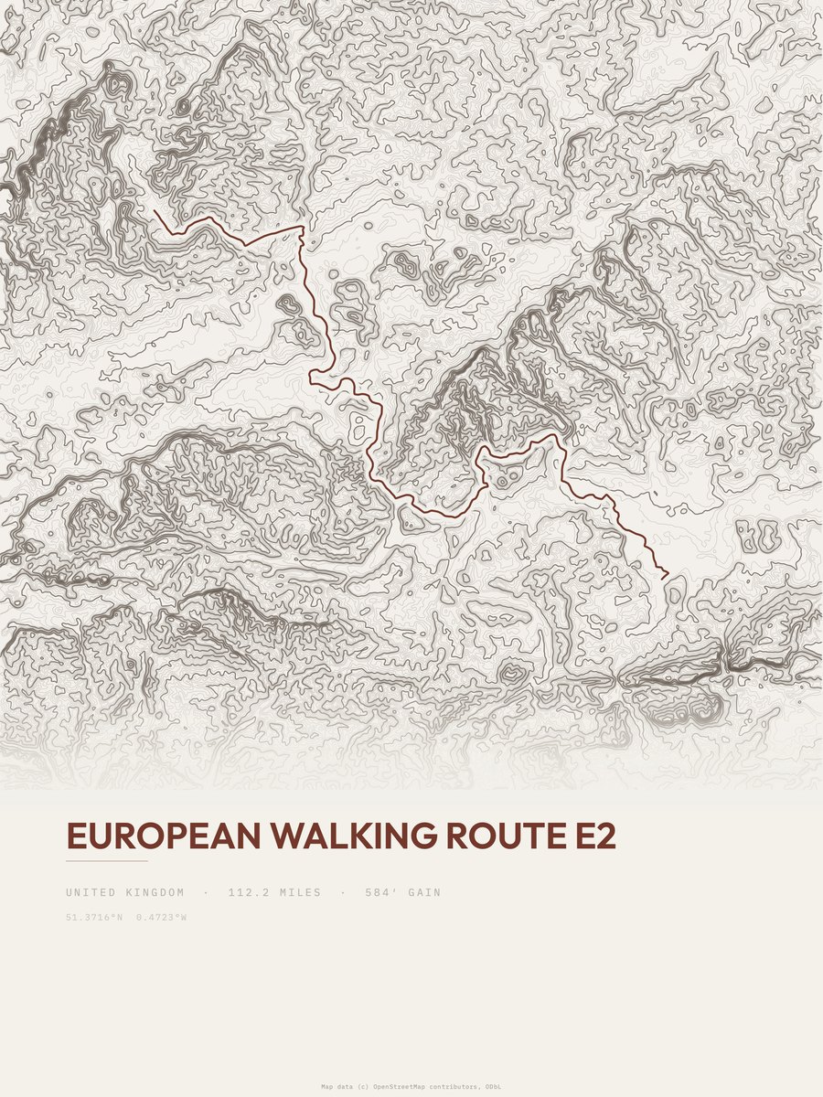 European walking route E2 Topographic print