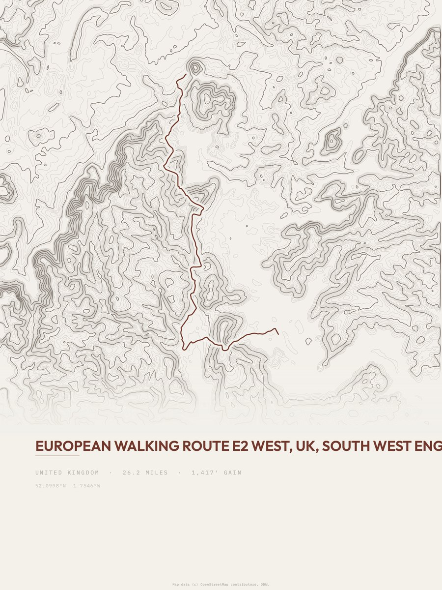 European walking route E2 west topographic trail print