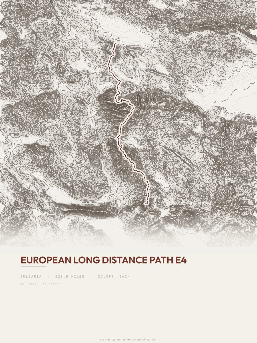 European long distance path E4 topographic trail print