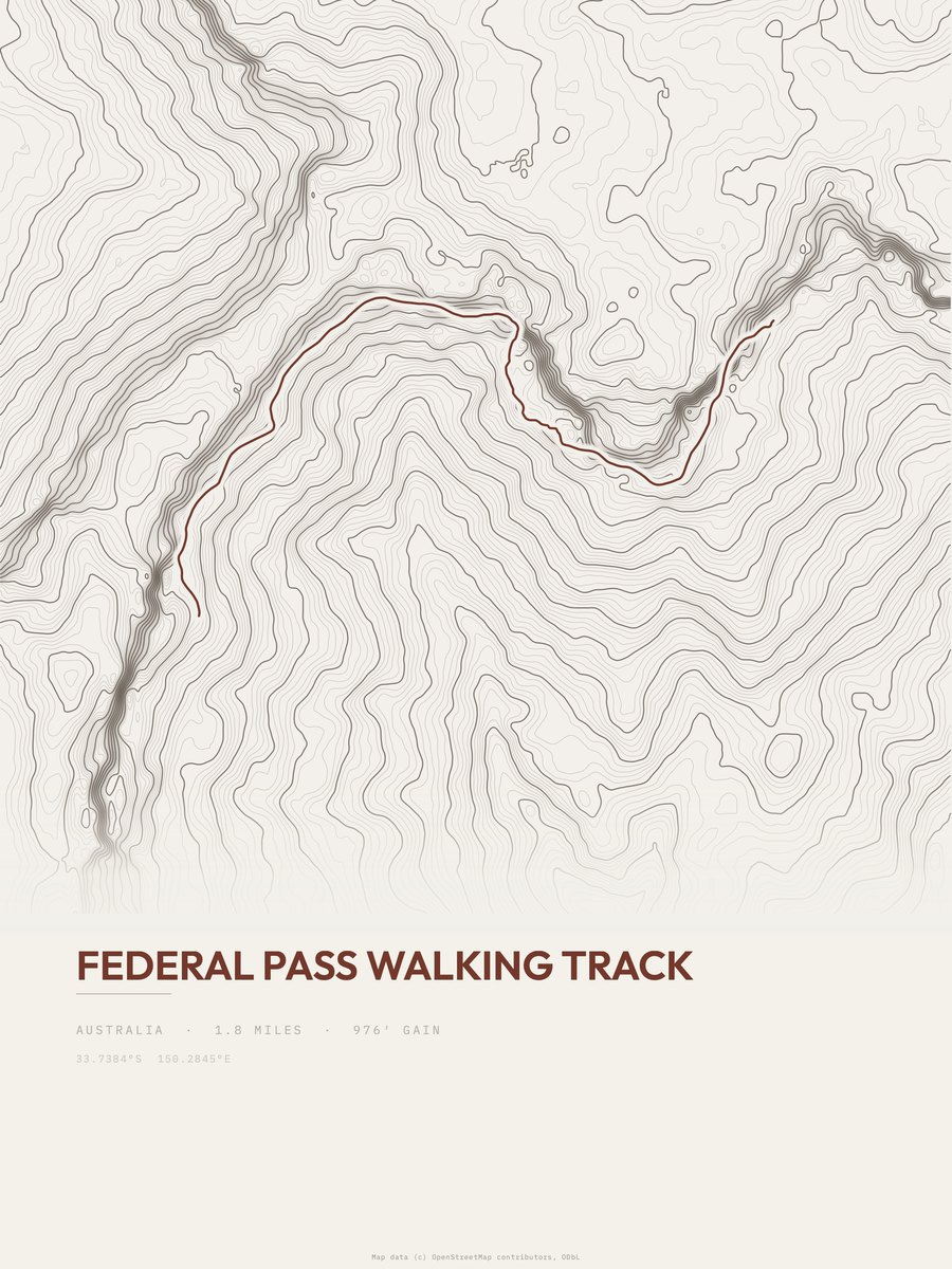 Federal Pass Walking Track topographic trail print