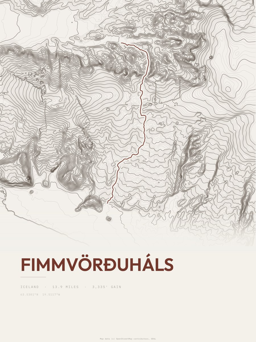 Fimmvörðuháls topographic trail print