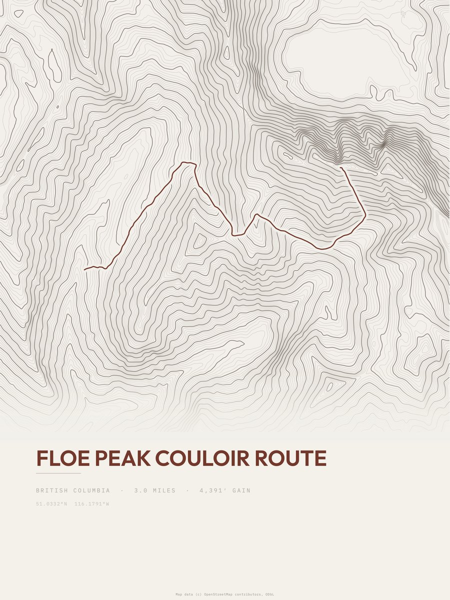 Floe Peak Couloir Route topographic trail print