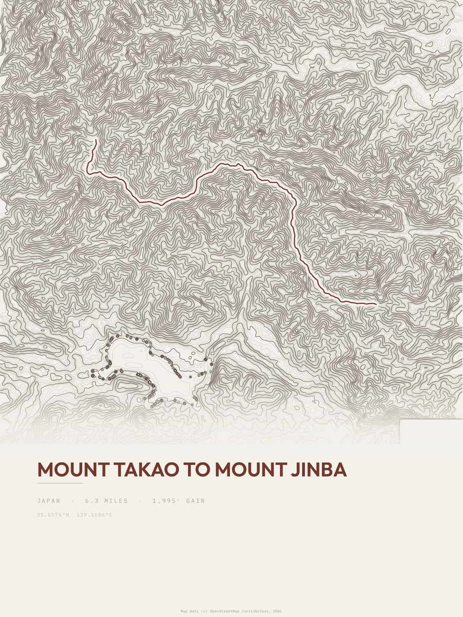 Mount Takao to Mount Jinba topographic trail print
