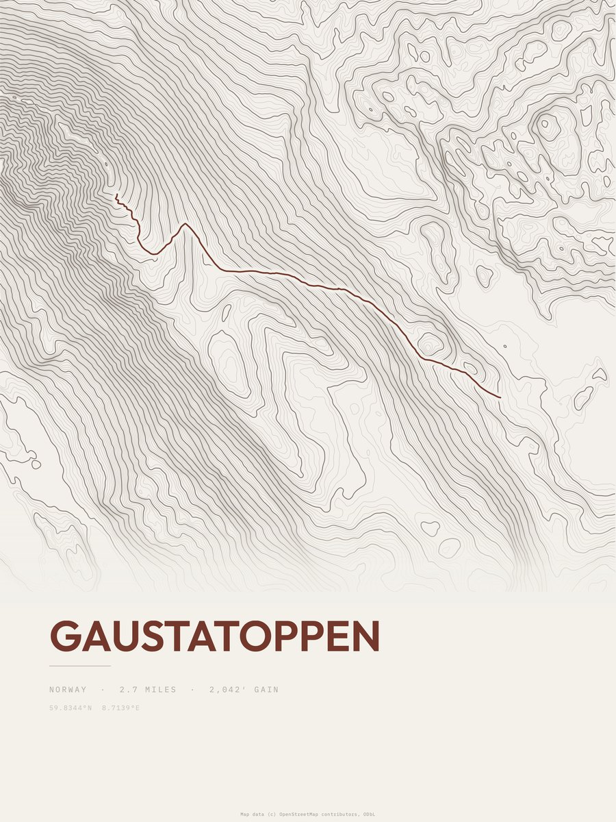 Gaustatoppen topographic trail print