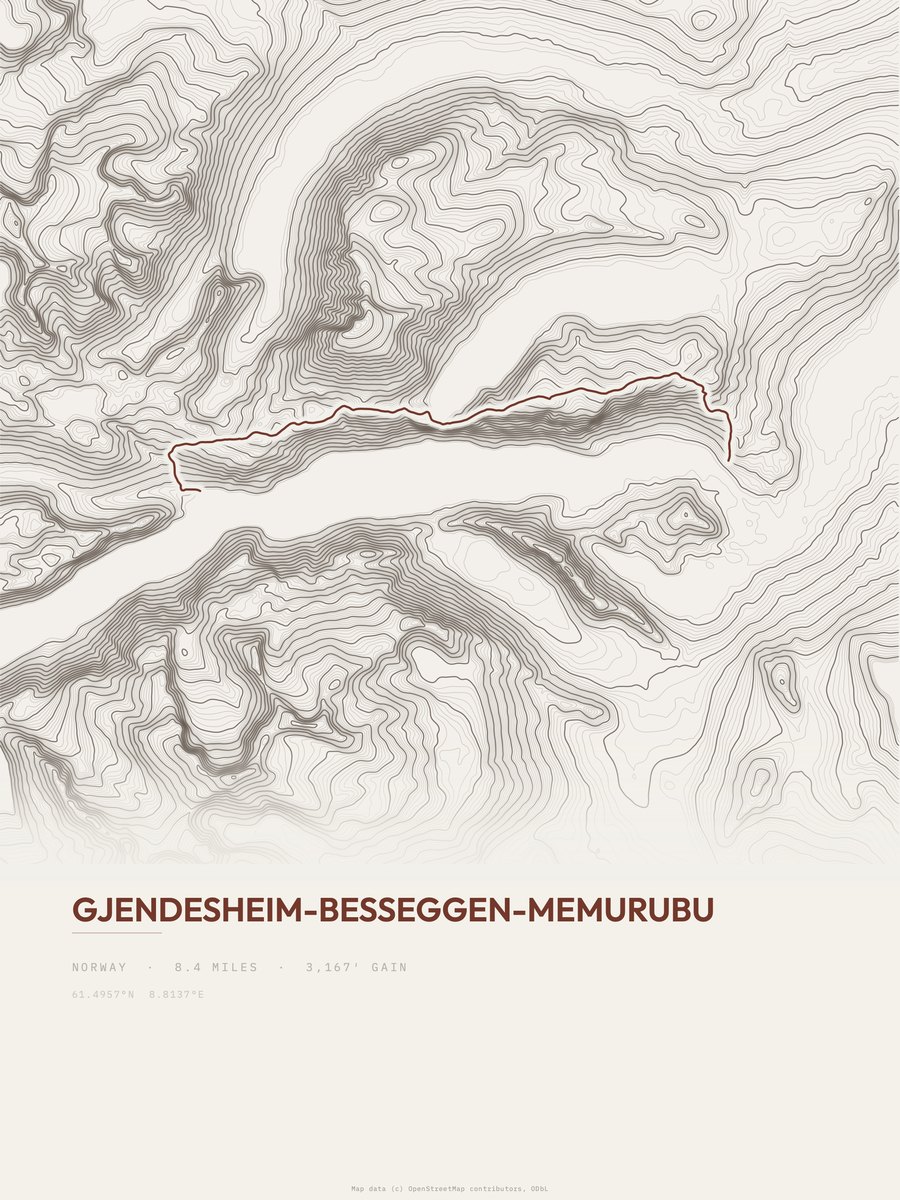 Gjendesheim-Besseggen-Memurubu topographic trail print