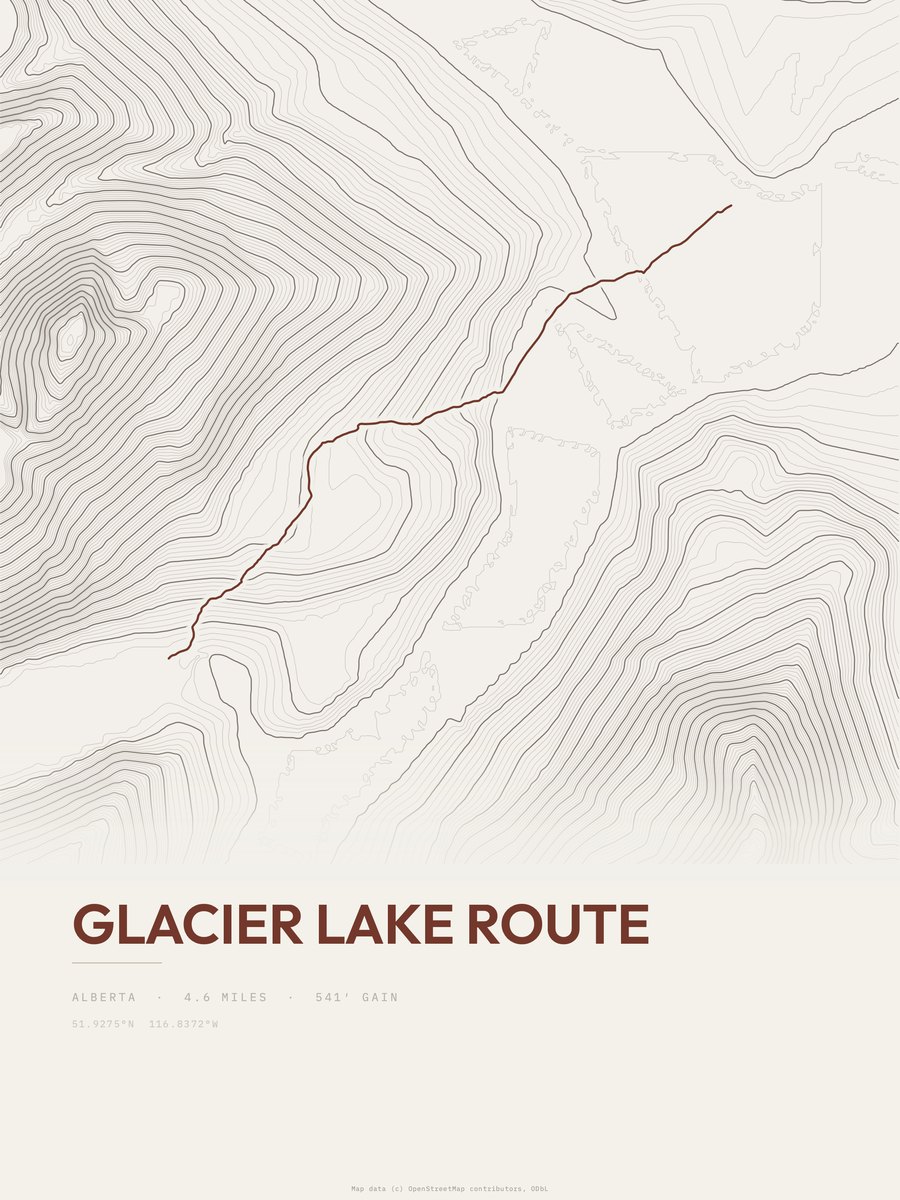 Glacier Lake Route topographic trail print