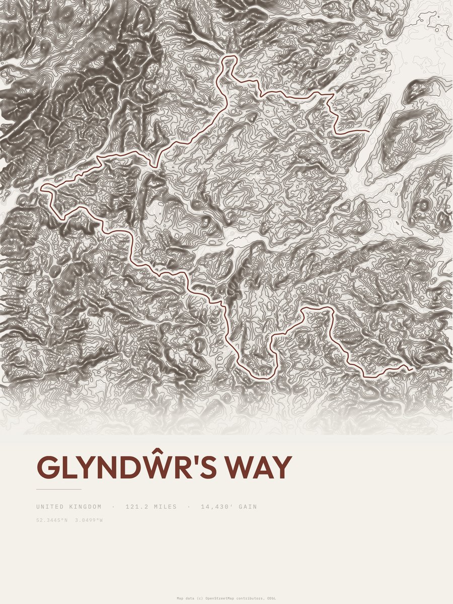 Glyndŵr's Way topographic trail print