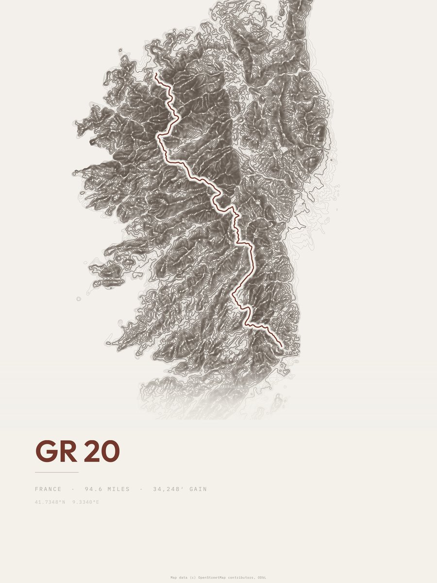 GR 20 topographic trail print