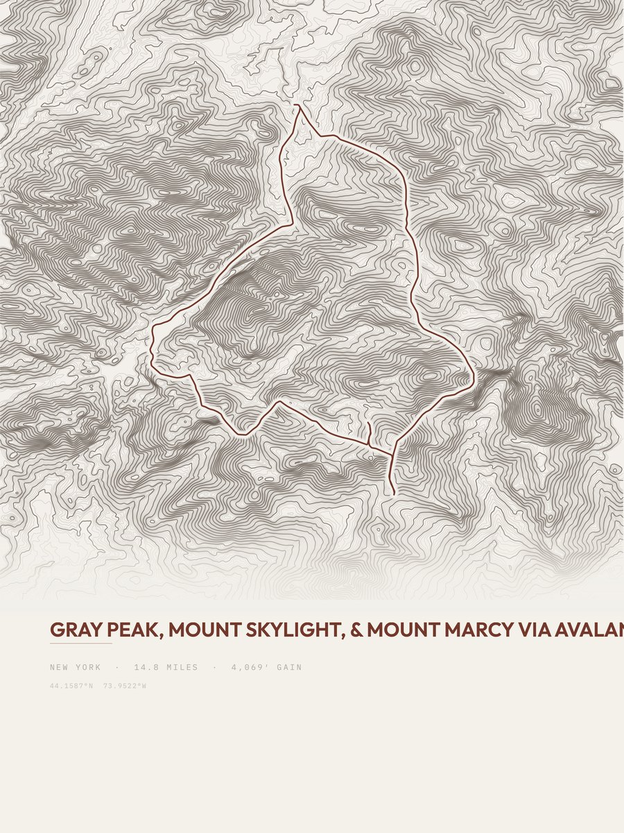 Gray Peak, Mount Skylight, & Mount Marcy via Avalanche Pass topographic trail print