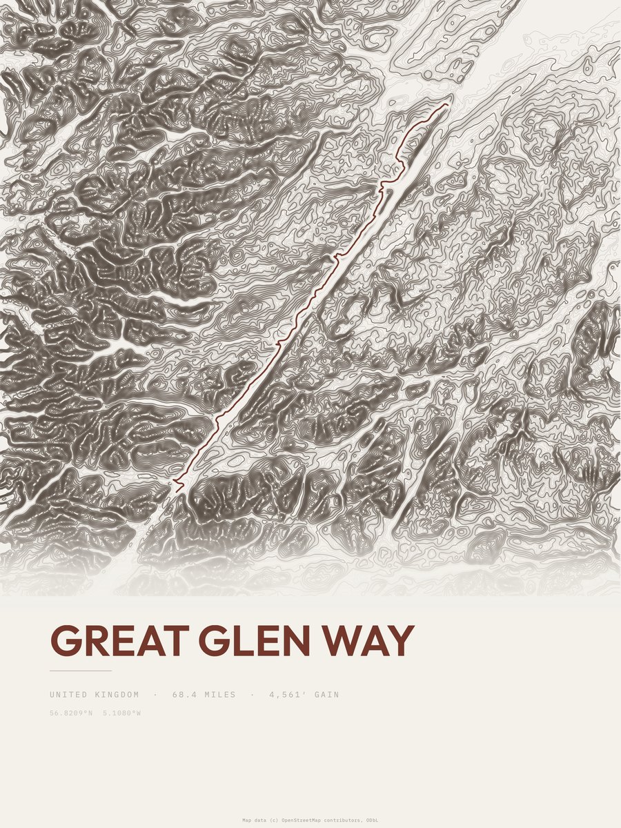 Great Glen Way topographic trail print