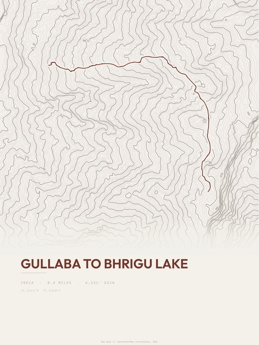 Gullaba to Bhrigu lake topographic trail print