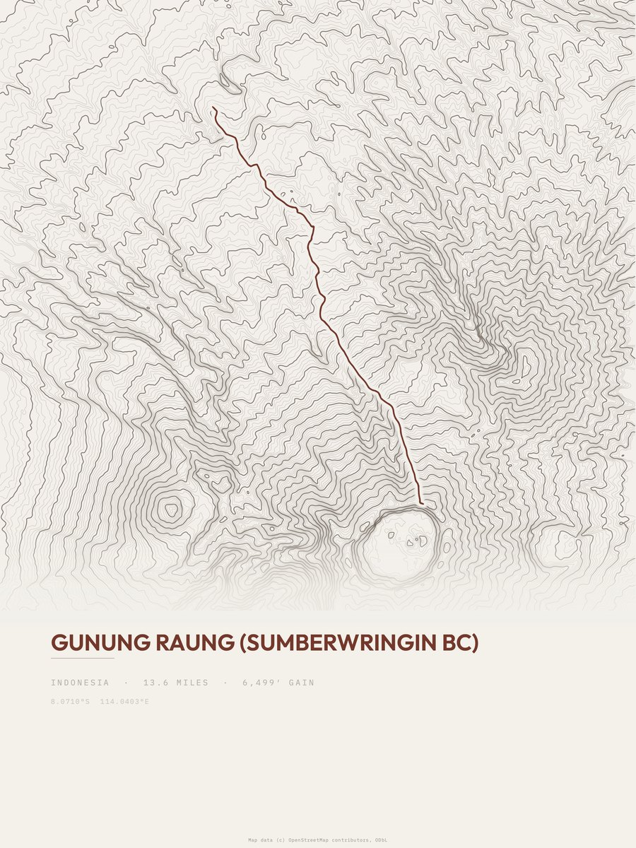 Gunung Raung (Sumberwringin BC) topographic trail print