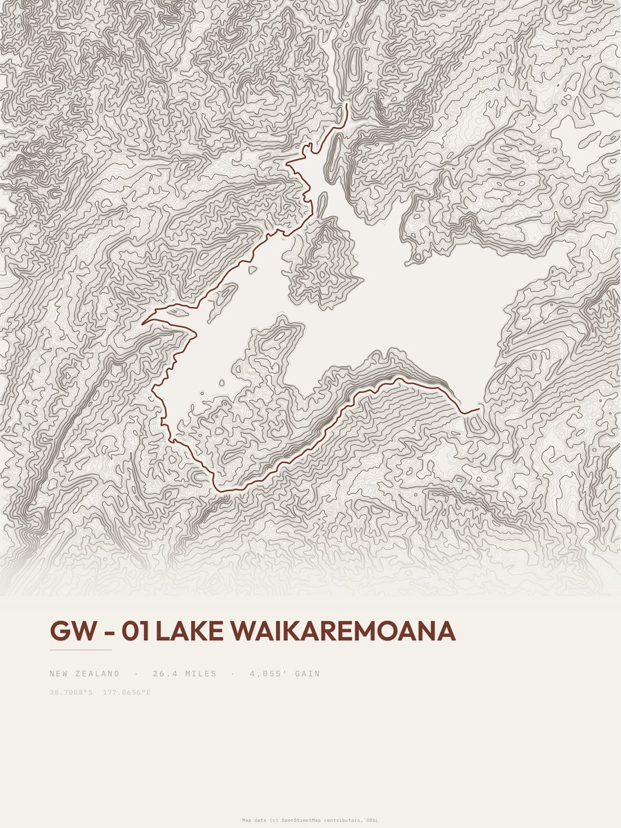 Lake Waikaremoana topographic trail print
