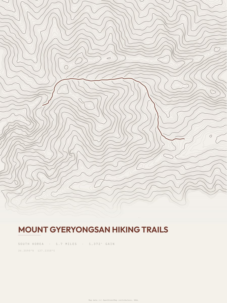 Mount Gyeryongsan Hiking Trails topographic trail print