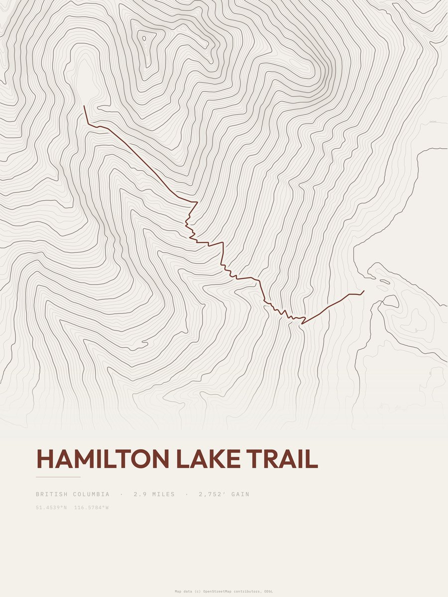 Hamilton Lake trail Topographic print
