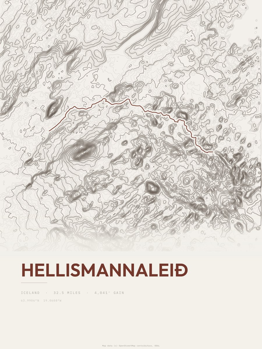 Hellismannaleið topographic trail print